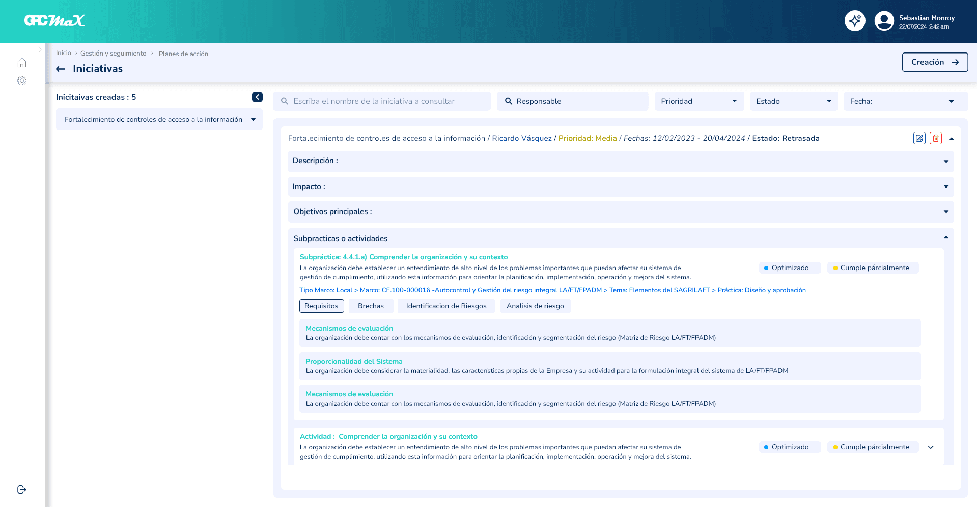 Gestión y seguimiento de iniciativas de cumplimiento en GRCMax
